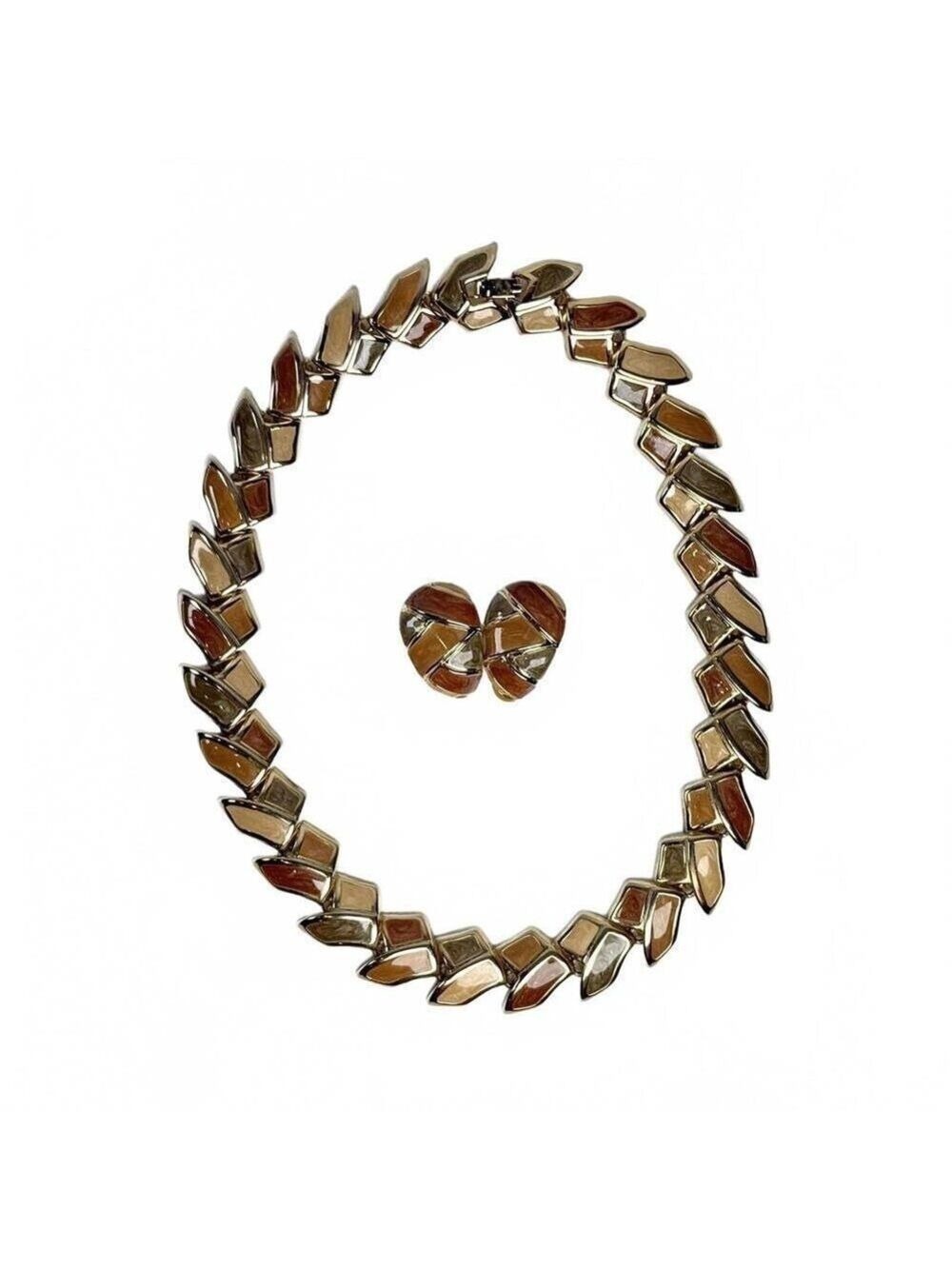 Vintage Gold Tone Enamel Necklace & Clip Earrings Set Earth Tones Modernist
